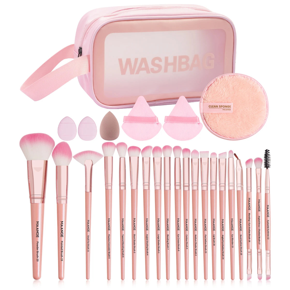 27Pcs Makeup Tools Kit 20Pcs Foundation Contour Blush Brush Set with Triangle Powder Puff Makeup Remover Puff Travel Bag