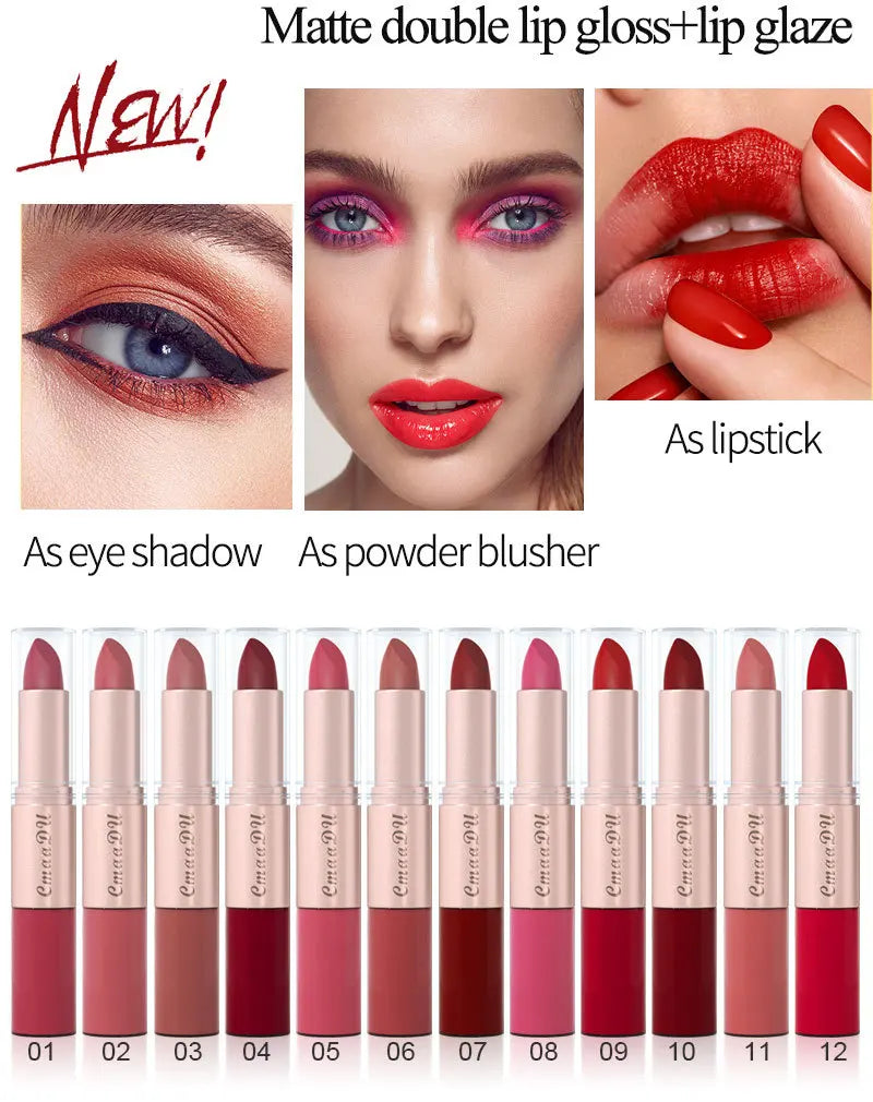 3 Color/Set Lipstick Sexy Lip Gloss 2 in 1 Lip Tint Waterproof Long-Lasting Moisture Red Lips Matte Lip Stick Makeup for Women