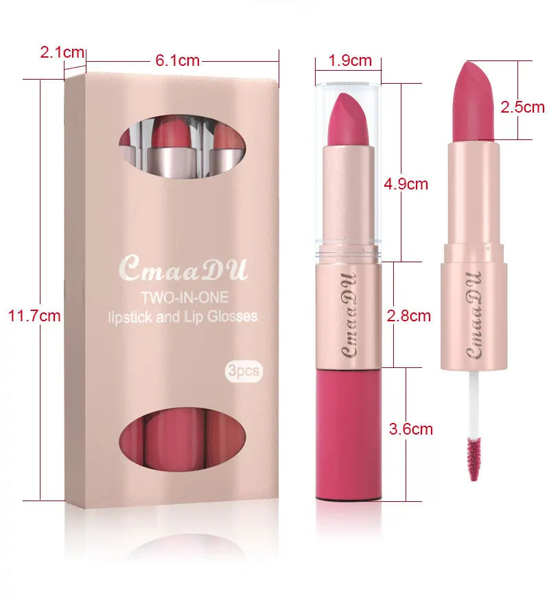 3 Color/Set Lipstick Sexy Lip Gloss 2 in 1 Lip Tint Waterproof Long-Lasting Moisture Red Lips Matte Lip Stick Makeup for Women